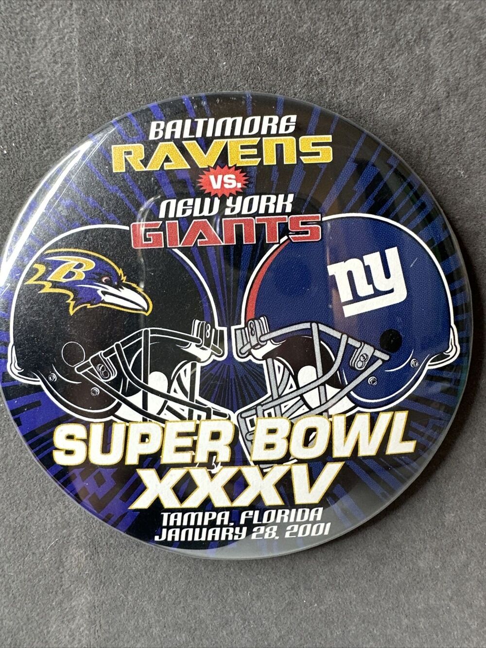 Baltimore Ravens and New York Giants Super Bowl XXXV Button With NFL Sticker
